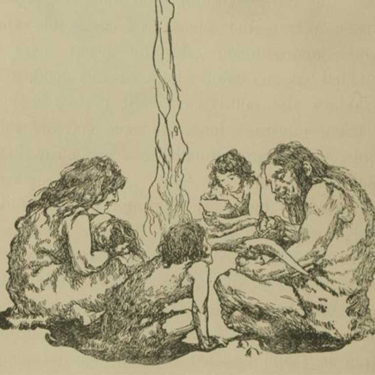 Caveman and family sit around a fire