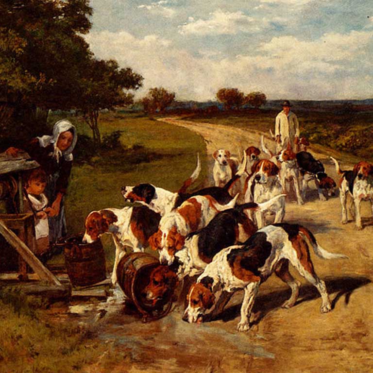 John Emms painting of hound dogs running past a family on a dirt road